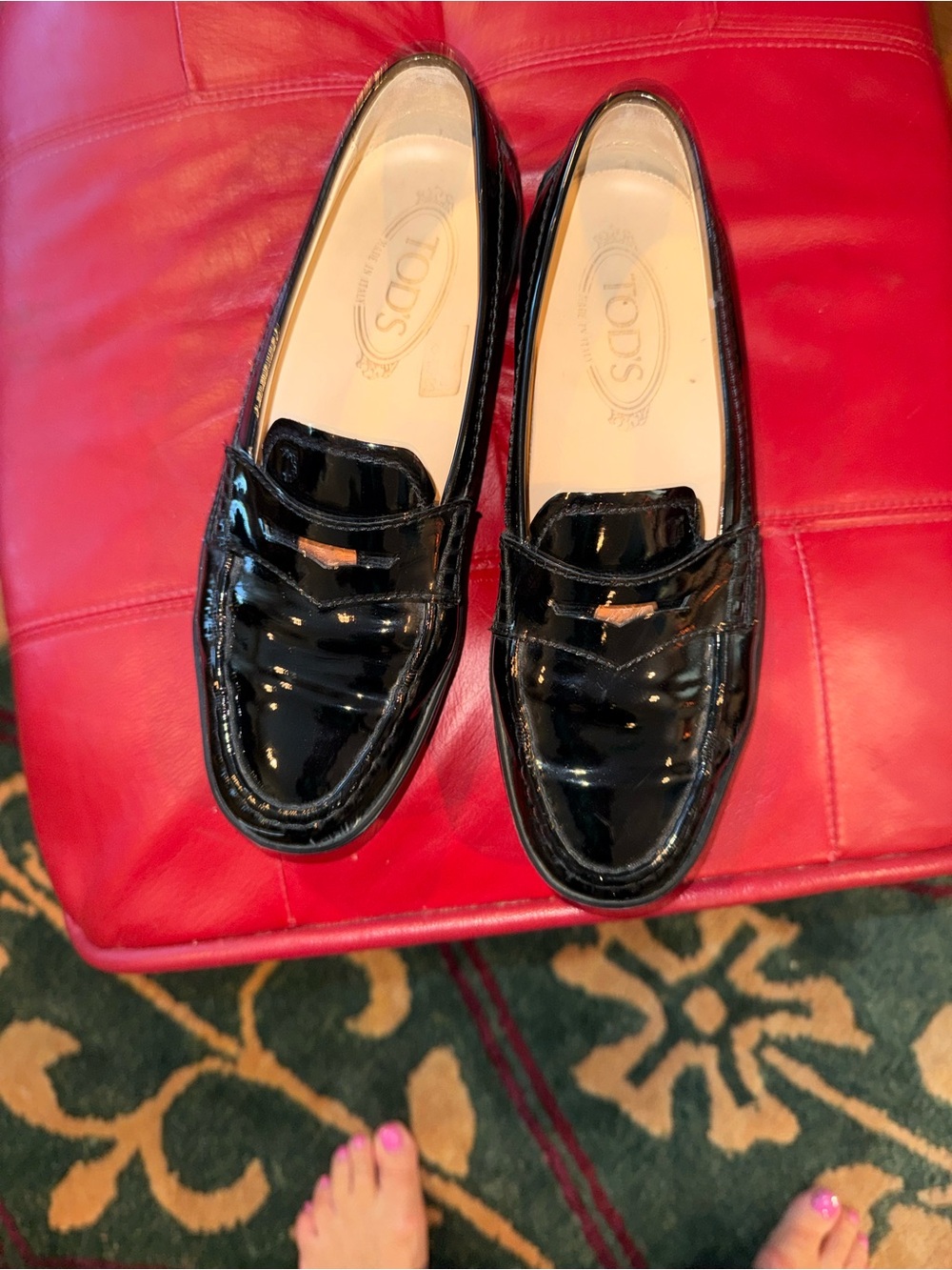 Tod's Black Patent Leather Penny Loafers with real penny.